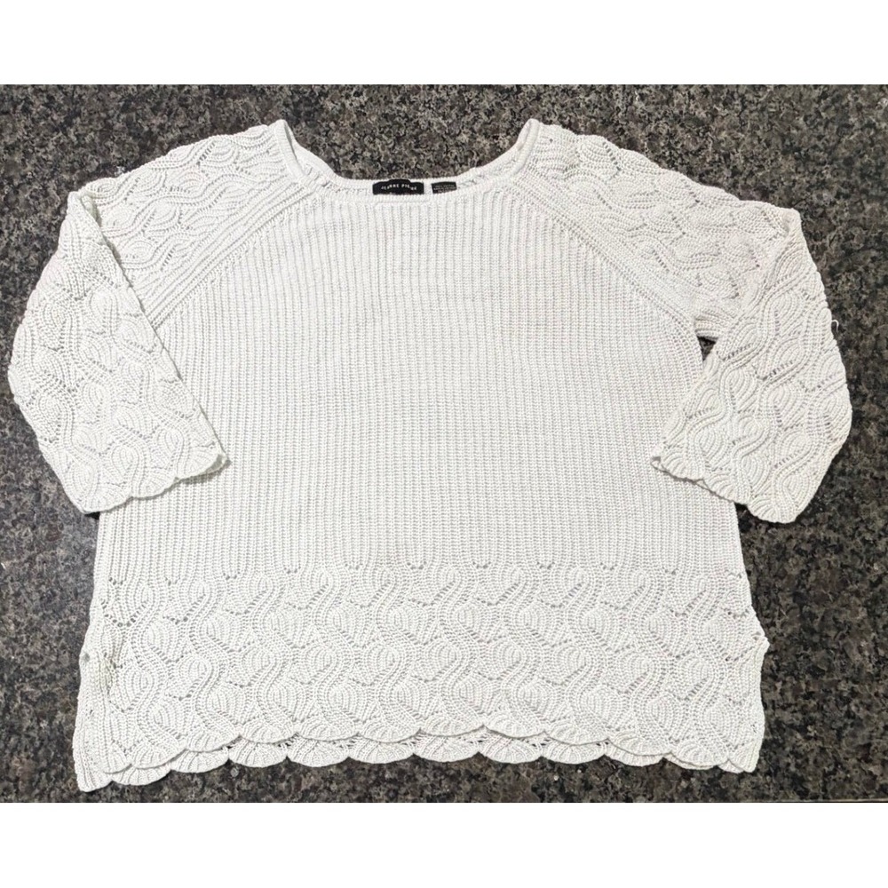Jeanne Pierre White 100% Cotton Knit Sweater‎ Scalloped Hem Pointelle Womens L